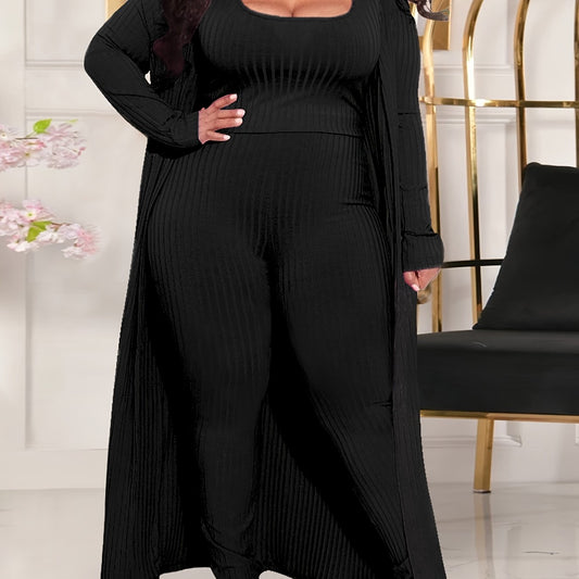Ribbed Cardigan & Top & Pants Set