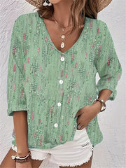 Floral Print Button Up V Neck Top Plus Size
