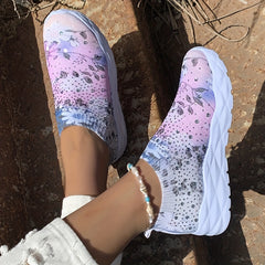 Floral Print Sock Sneakers Rhinestone Low Top Slip On Shoes