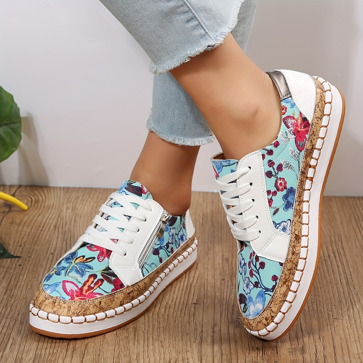 Women's Floral Print Flat Sneakers Lace Up Zipper Outdoor Shoes