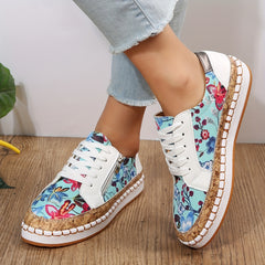 Women's Floral Print Flat Sneakers Lace Up Zipper Outdoor Shoes