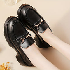 Women's Chunky Heel Loafers Buckle Round Toe Slip-On Shoes