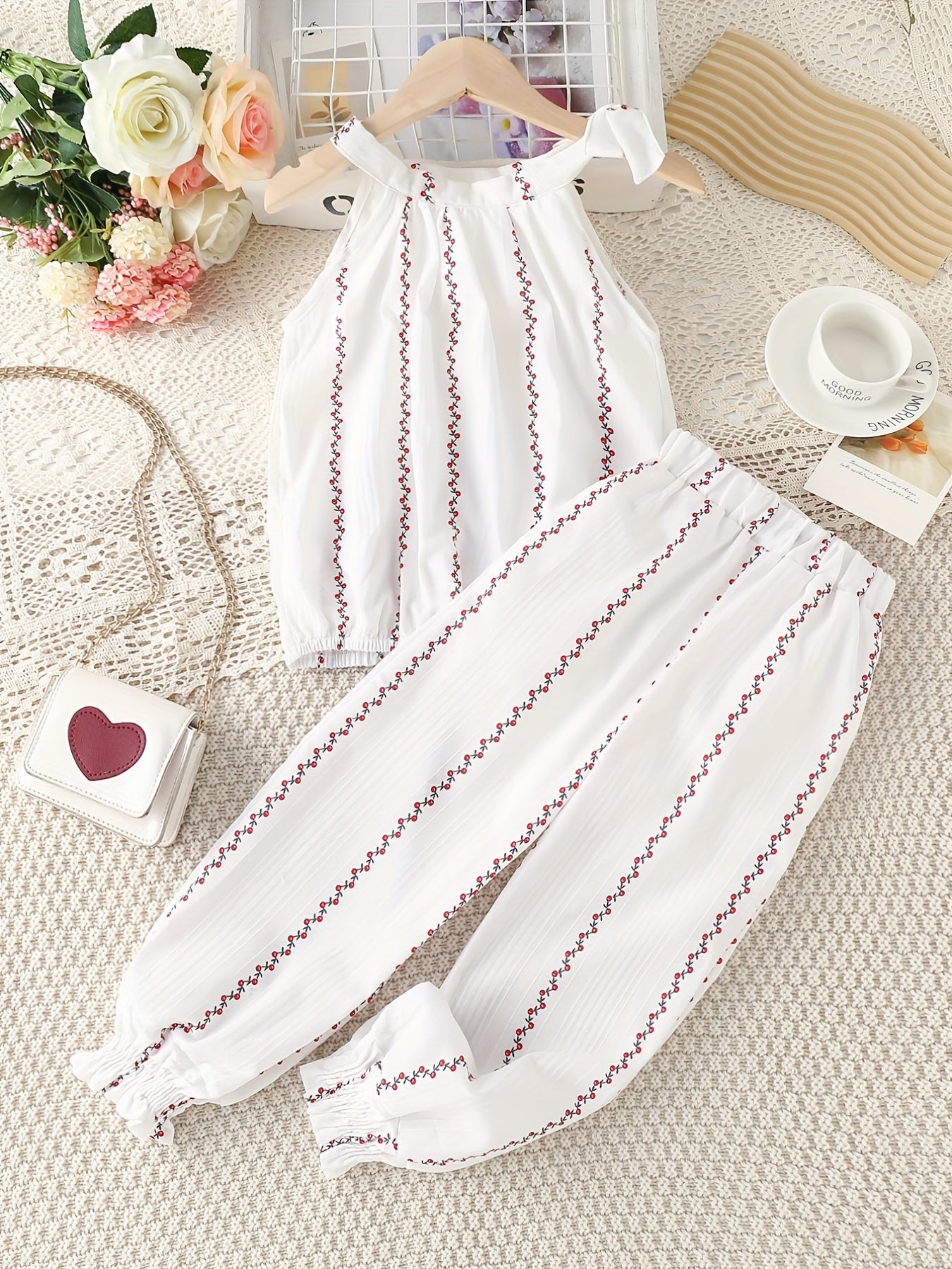 Girls' Floral Cotton Sleeveless Tank Top & Pants Set For Daily Outwear