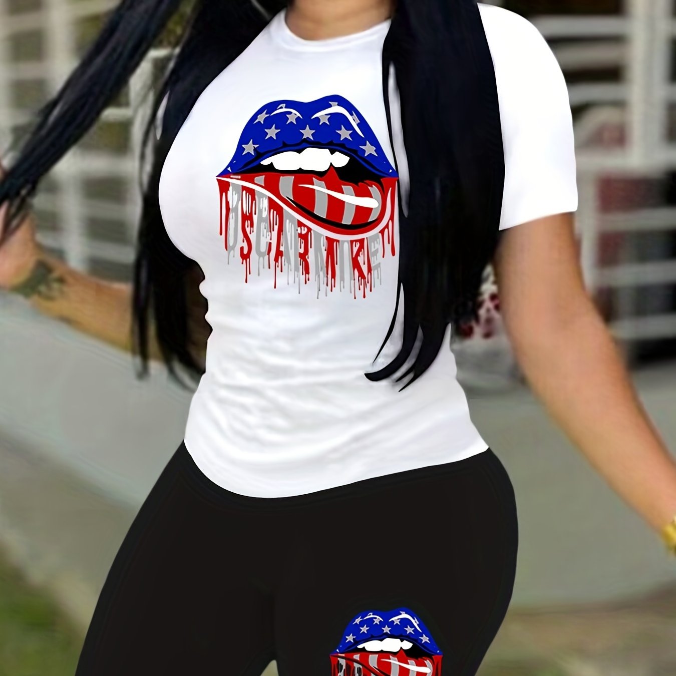 Women's Plus Flag Lip Print Tee & Shorts Set
