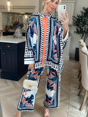 Women's Plus Leaf & Scarf Print Shirt & Pants Outfit Set