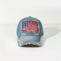 Rhinestone Flag Embroidery Baseball Cap Denim Y2K Hip Hop Sports Hat