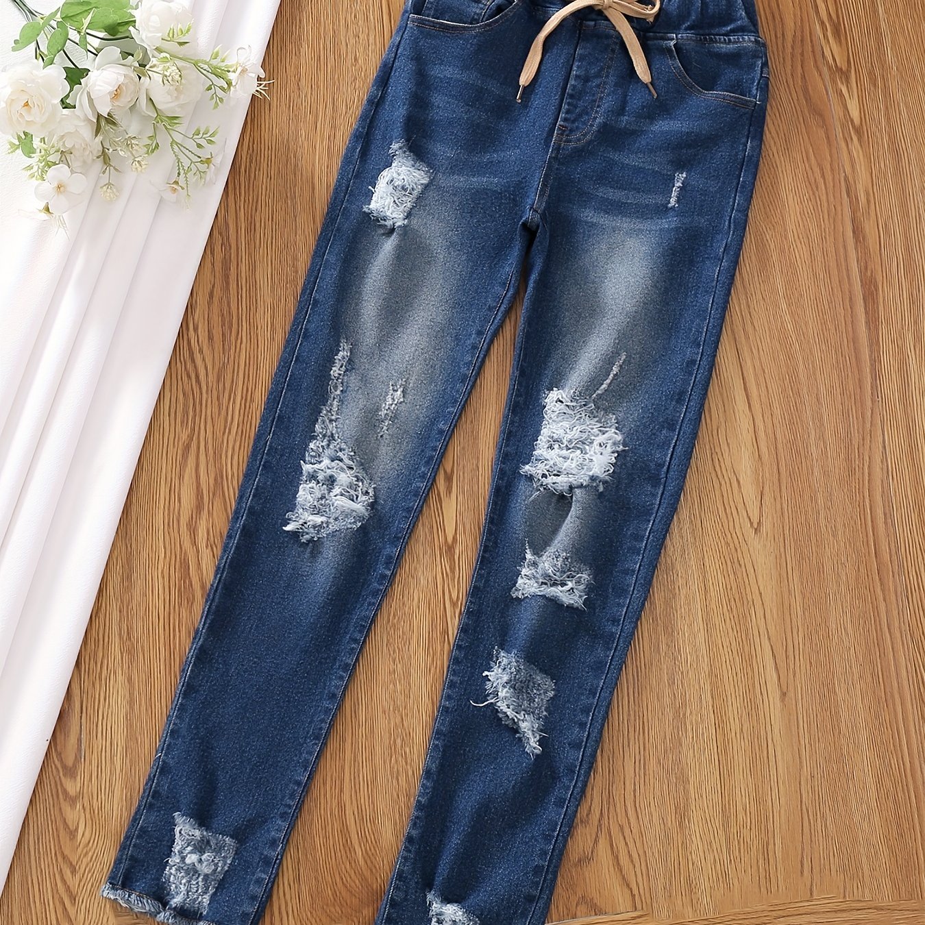 Girls Ultra Skinny Stretchy Jeans Teens Ripped Trousers