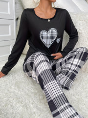 Heart Print Pajama Set Long Sleeve Crew Neck Top & Plaid Pants
