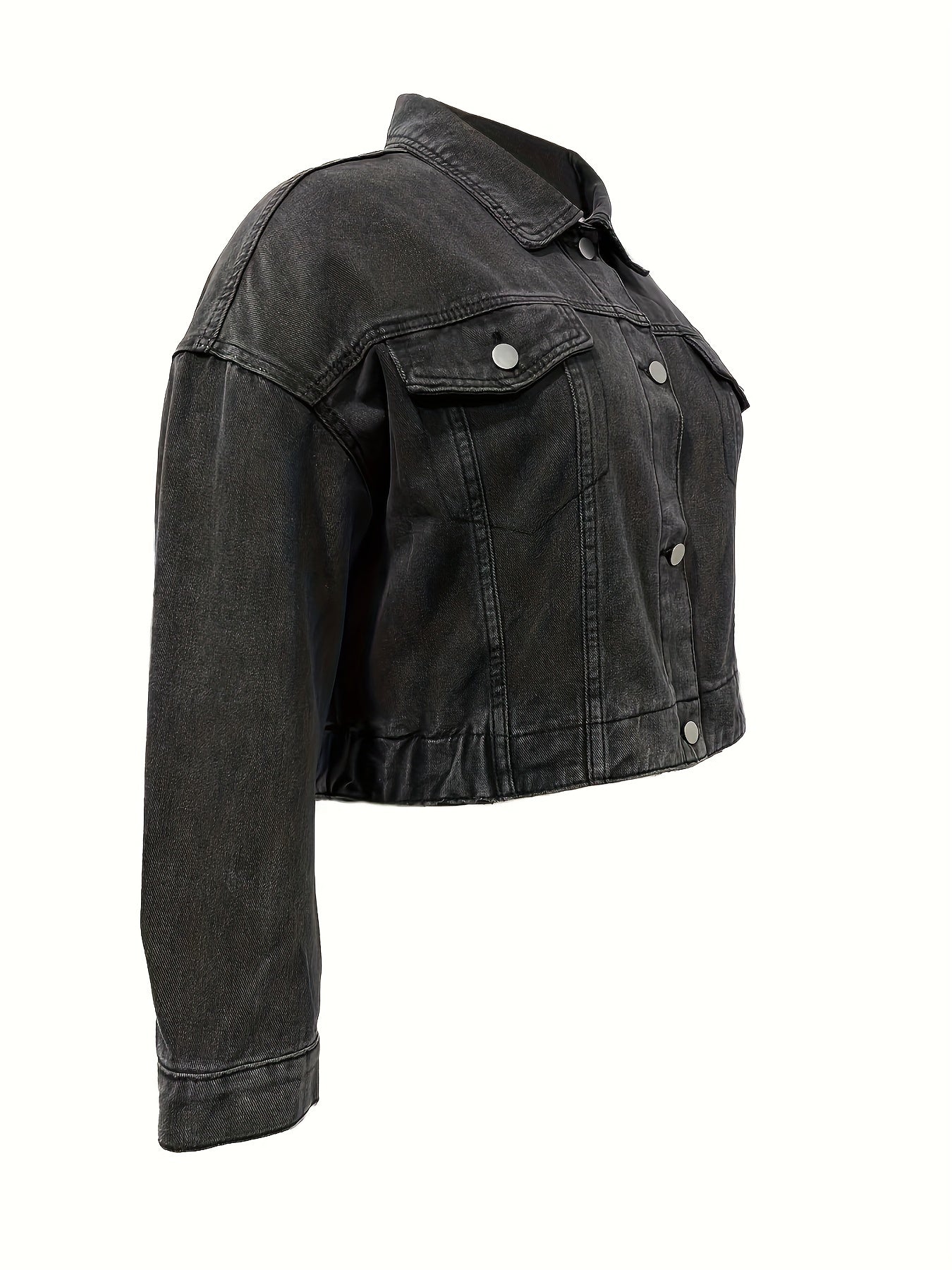 Casual Denim Top Women's Plus Solid Button Up Long Sleeve Denim Jacket