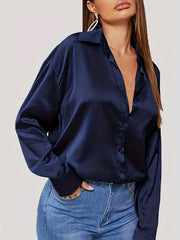 Casual Blouse Women's Solid Satin Button Up Long Sleeve Blouse