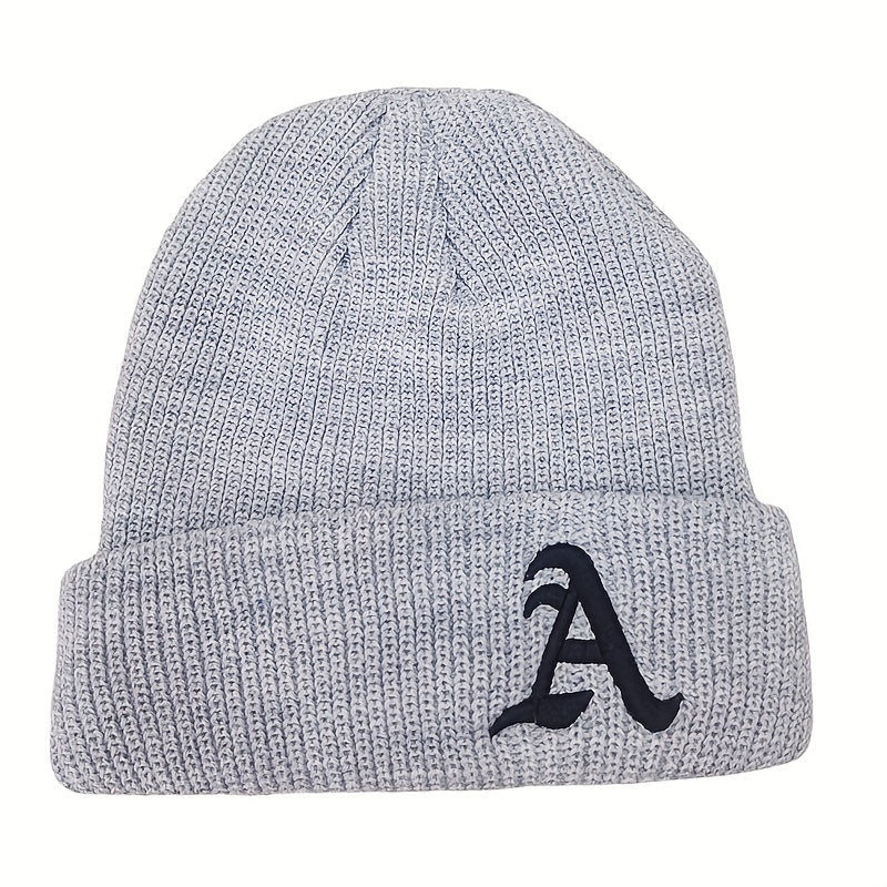Windproof Knit Beanie Hat Embroidered with Letter A