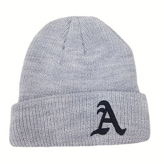 Windproof Knit Beanie Hat Embroidered with Letter A