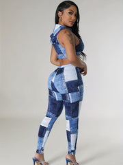 Denim Print Hooded Tank & Leggings Set