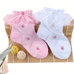 3 Pairs Girls Ruffle Lace Trims Bow Dance Socks Thin Crew Socks