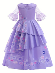 Girls Magic Princess Dress Polka Dots Flare Lace Sleeve Prom Party Dress Gloves