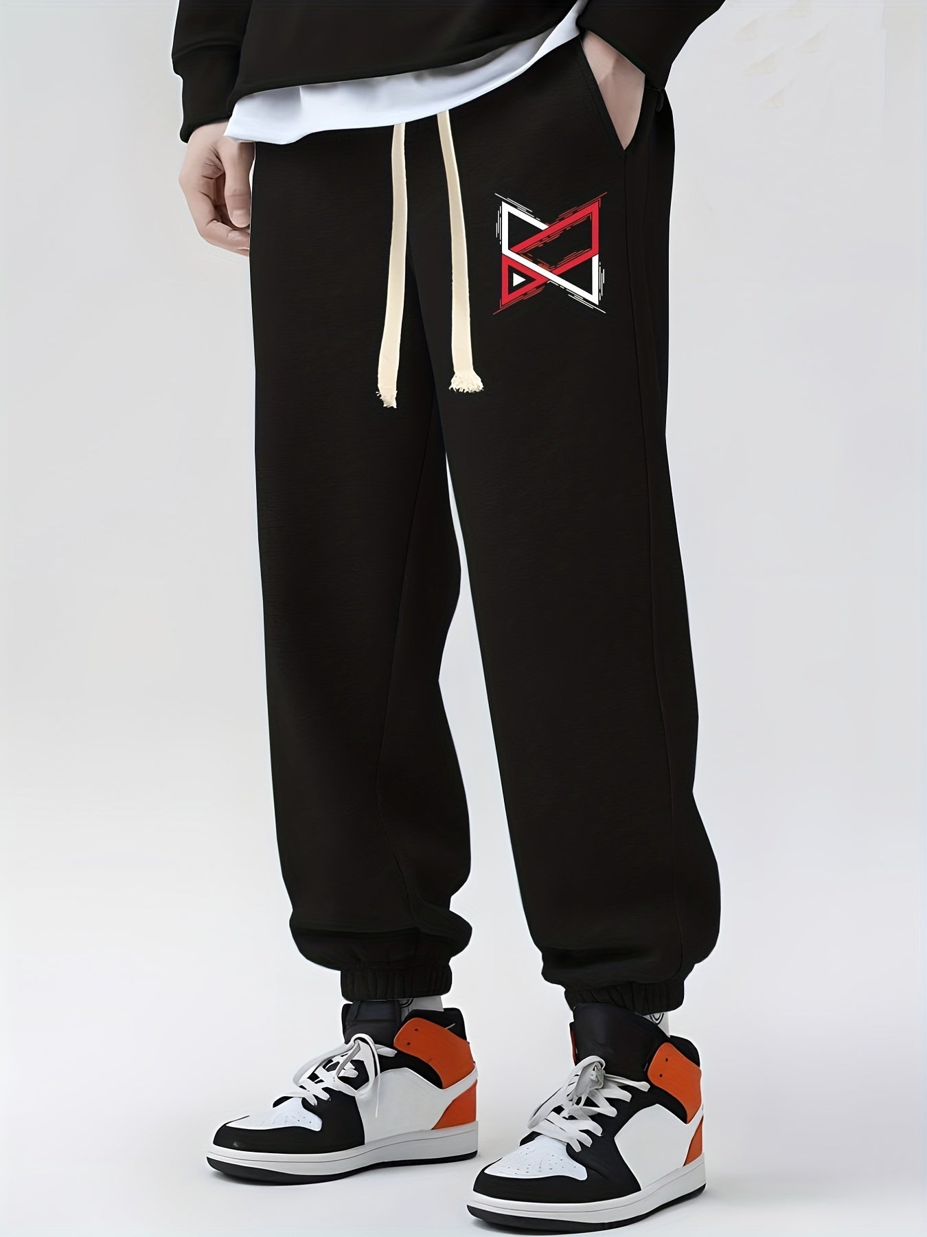 Geometric Pattern Drawstring Sweatpants Loose Fit Joggers Men Spring Autumn