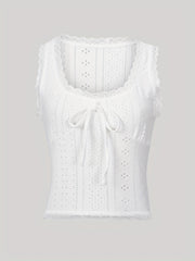 Lace Trim Tie Front Tank Top Sleeveless Casual Summer Women's Clothing