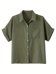 Solid Button Up Short Sleeve Blouse