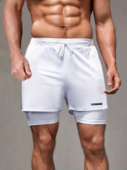 2 in 1 Double Layer Drawstring Sports Shorts with Inner Pocket