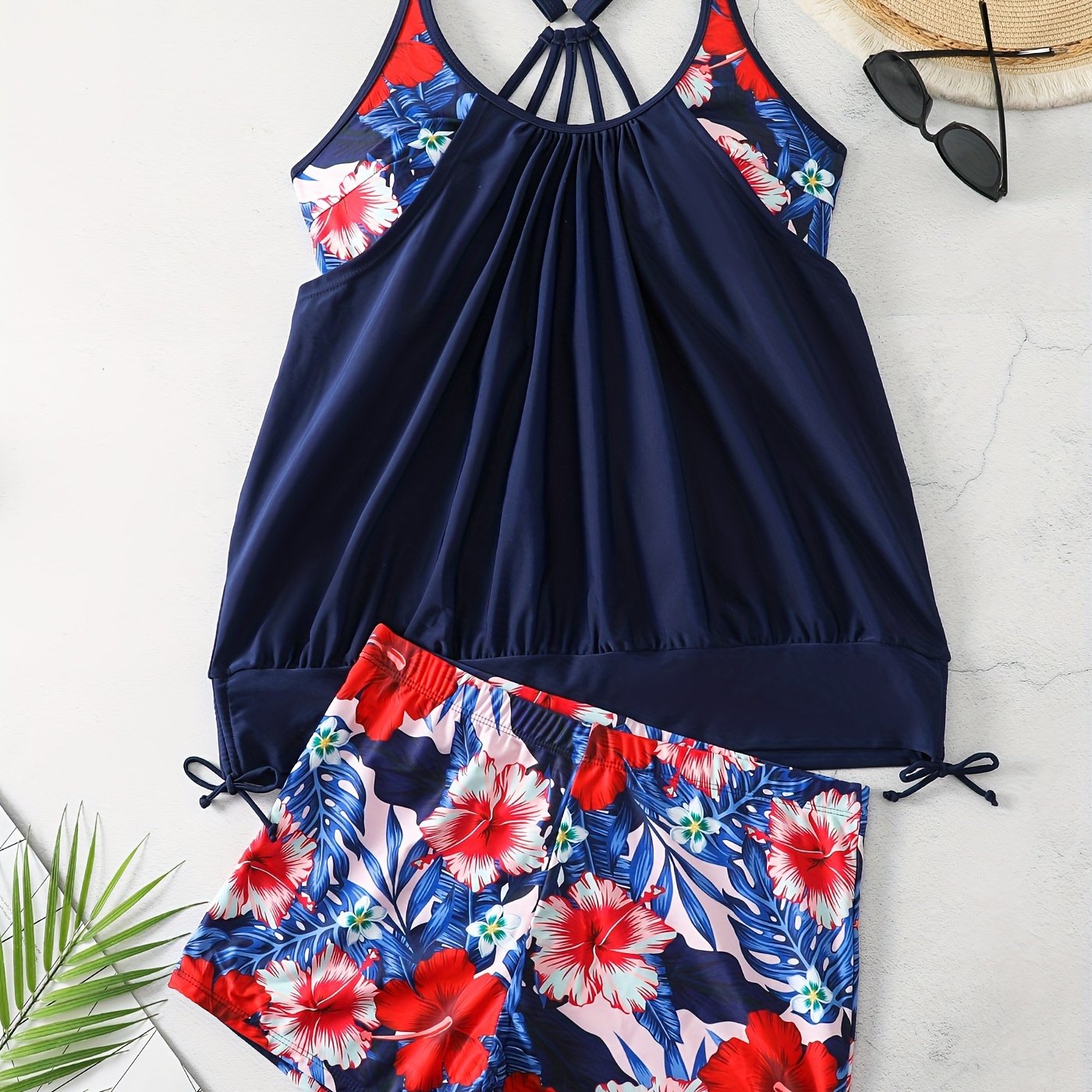Tropical Print Lace Up Tankini Set