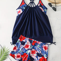 Tropical Print Lace Up Tankini Set