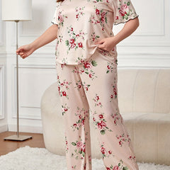 Floral Print Pajama Set Women's Round Neck Tee & Pants Home Wear