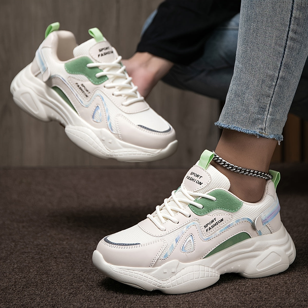 Women's Chunky Sneakers Block Faux Leather Non Slip Running Shoes