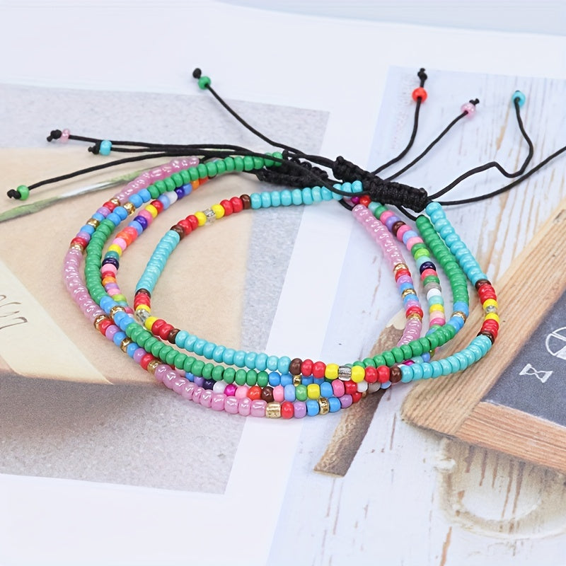 10pcs Colorful Rice Beads Anklet Set Boho Style Bracelet for Women