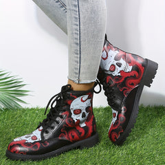 Women's Skull Print Combat Boots Lace Up Chunky Heel Boots