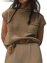 Solid Cap Sleeve Round Neck Crop Knit Top