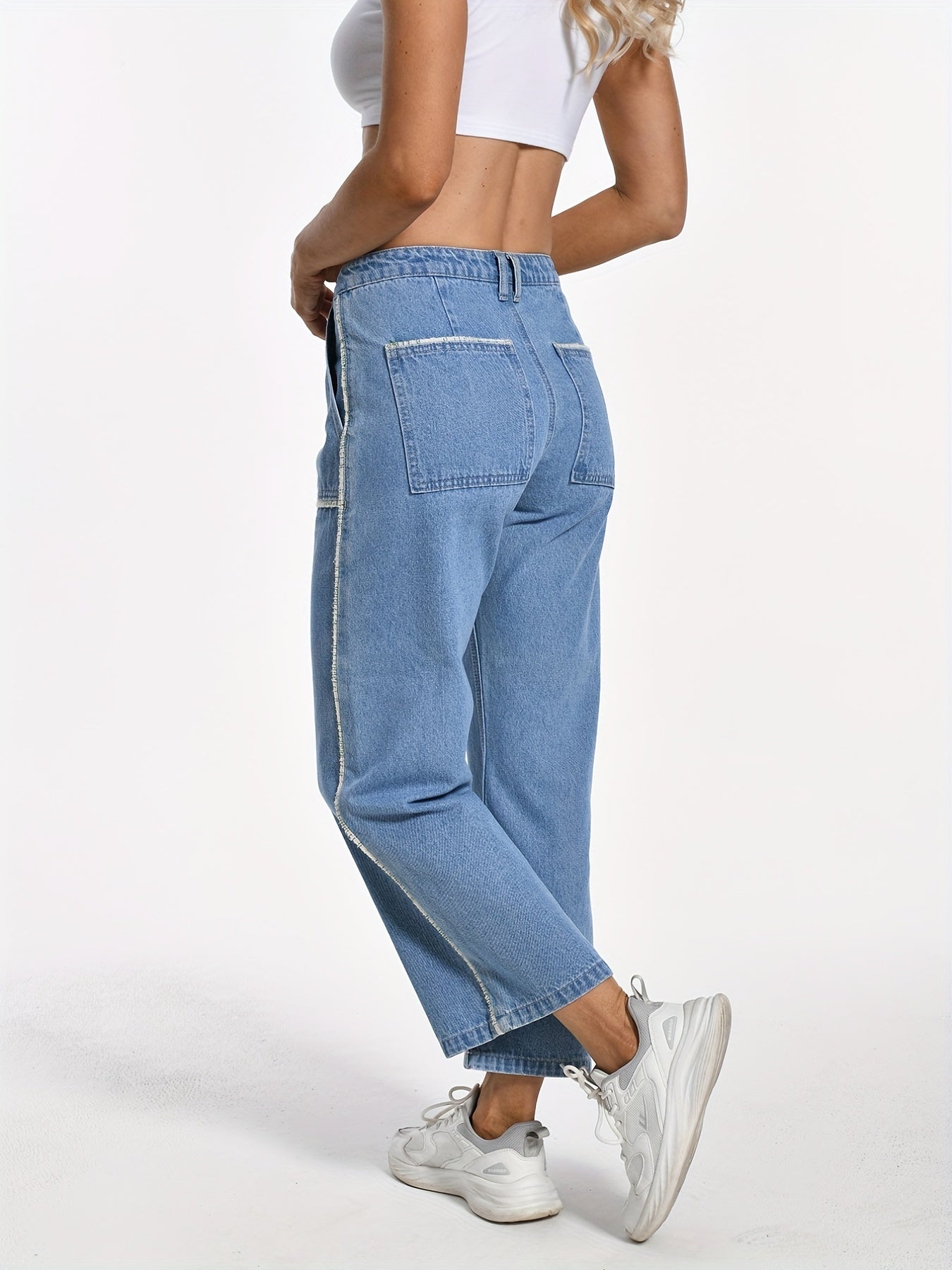 Stripes Trim Loose Jeans Straight Denim Pants Women's Clothing