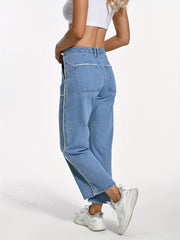 Stripes Trim Loose Jeans Straight Denim Pants Women's Clothing