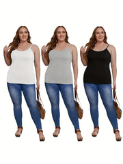 3 Pack Plus Size Basic Cami Top Set Women's Plus Plain Round Neck