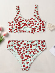 Cherry Print Cut Out Two Piece Swimsuit Set