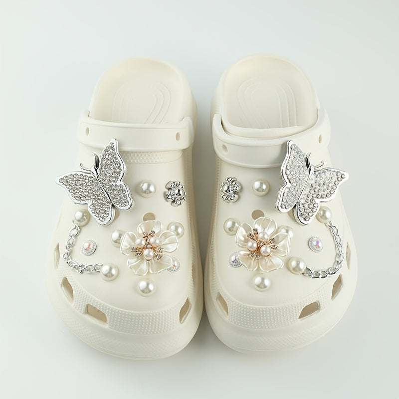 Pearl Flower Silver Butterfly Shoe Accessories Set