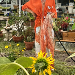 Orange Butterfly Print V Neck 2 Piece Beachwear Knot Front Kaftan Pants