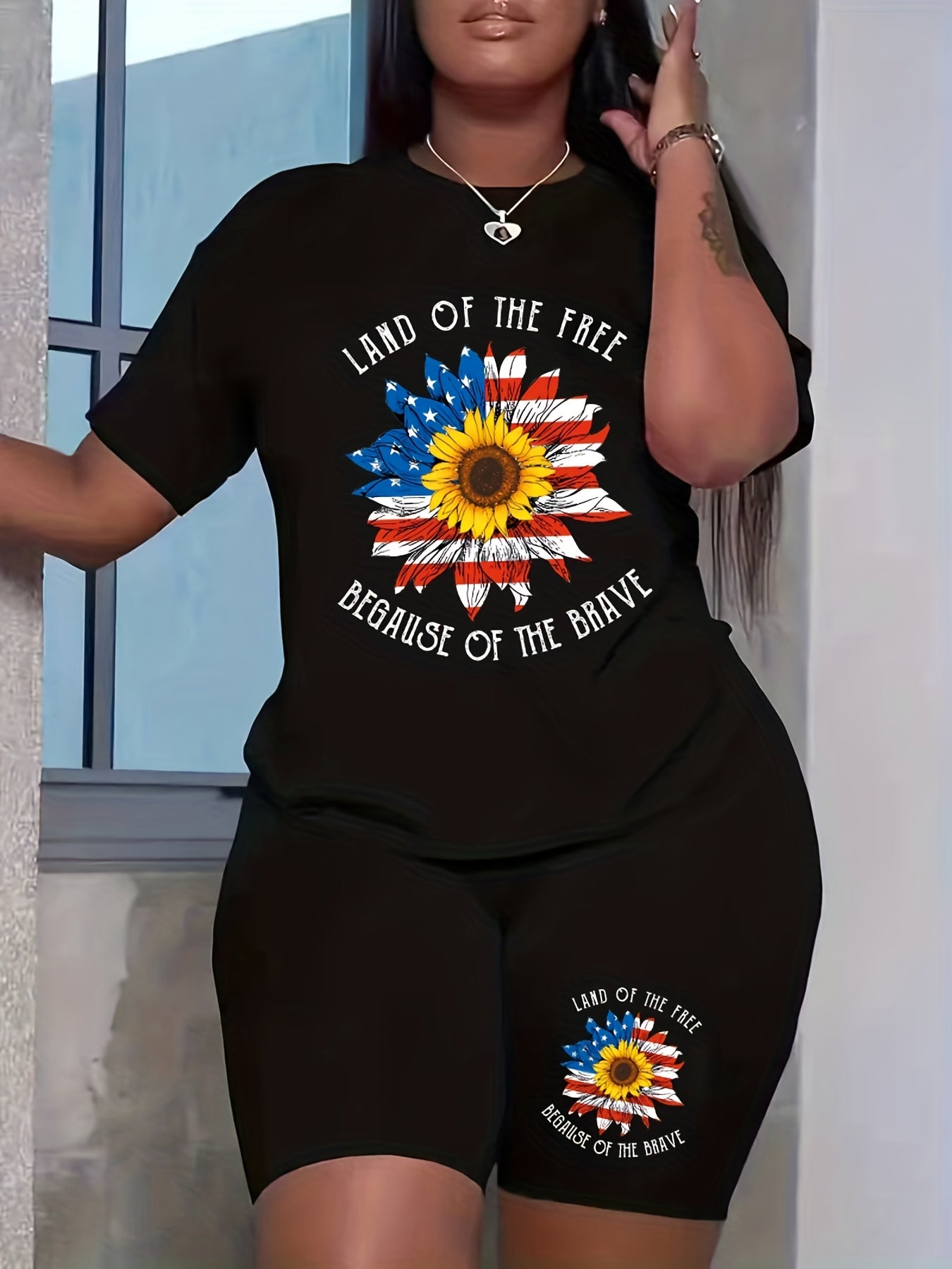 Women's Plus Flag Sunflower & Slogan Print Top & Shorts Outfit Set