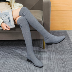 Women's Low Heel Over The Knee Boots Stretch Slip On Warm Shoes