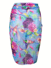 Floral Print Boho Bikini Bottoms with Mesh Beach Cover Up Skirt