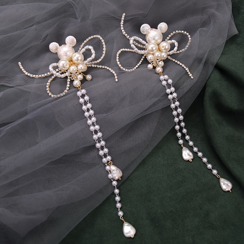 Faux Pearl Bear Clips Bridal Headpiece Tassel Hair Clips