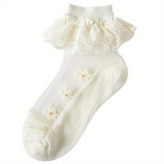 2 Pairs Girls Kids Ice Silk Lace Ruffled Princess Socks