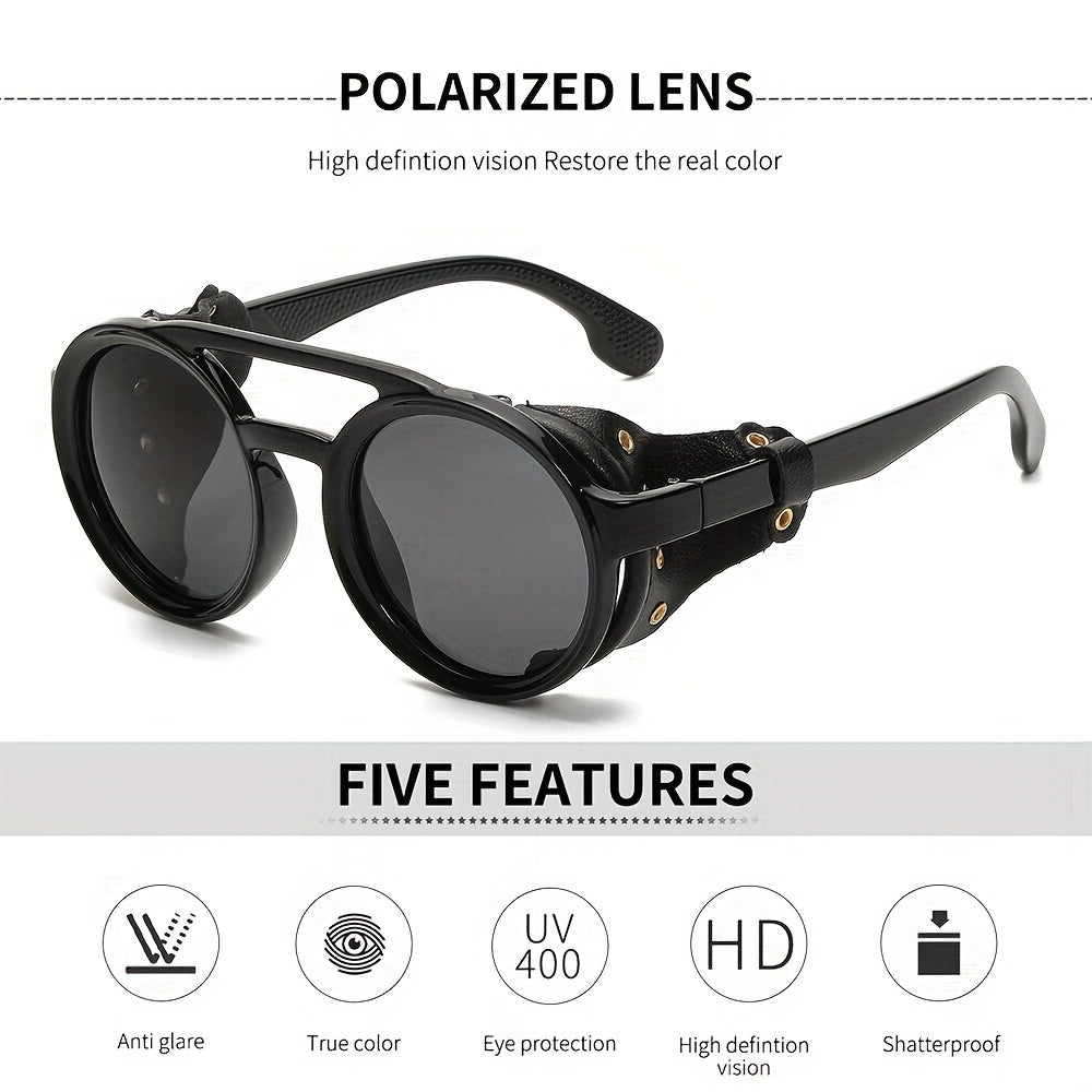 Vintage Steam Punk Style Round Polarized Sunglasses with Leather Side Shield