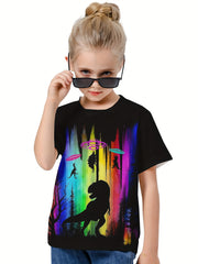 Rainbow Dino Graphic Crew Neck T-shirt Girls Casual Summer Tops