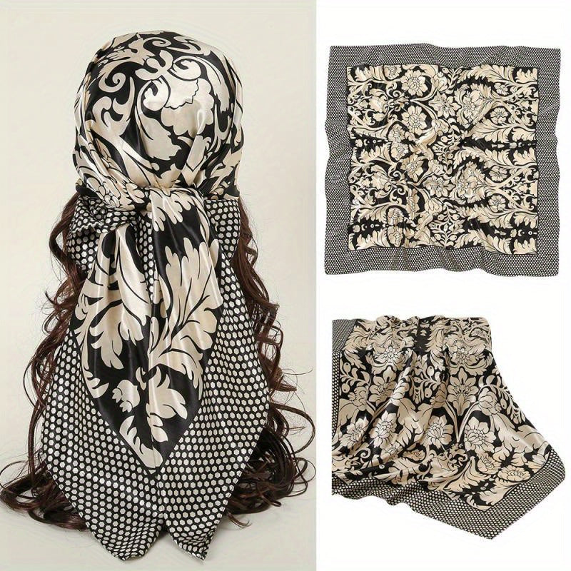 Boho Flower Print Square Scarf Silk Bandana Vintage Satin Shawl