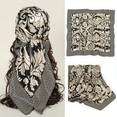 Boho Flower Print Square Scarf Silk Bandana Vintage Satin Shawl