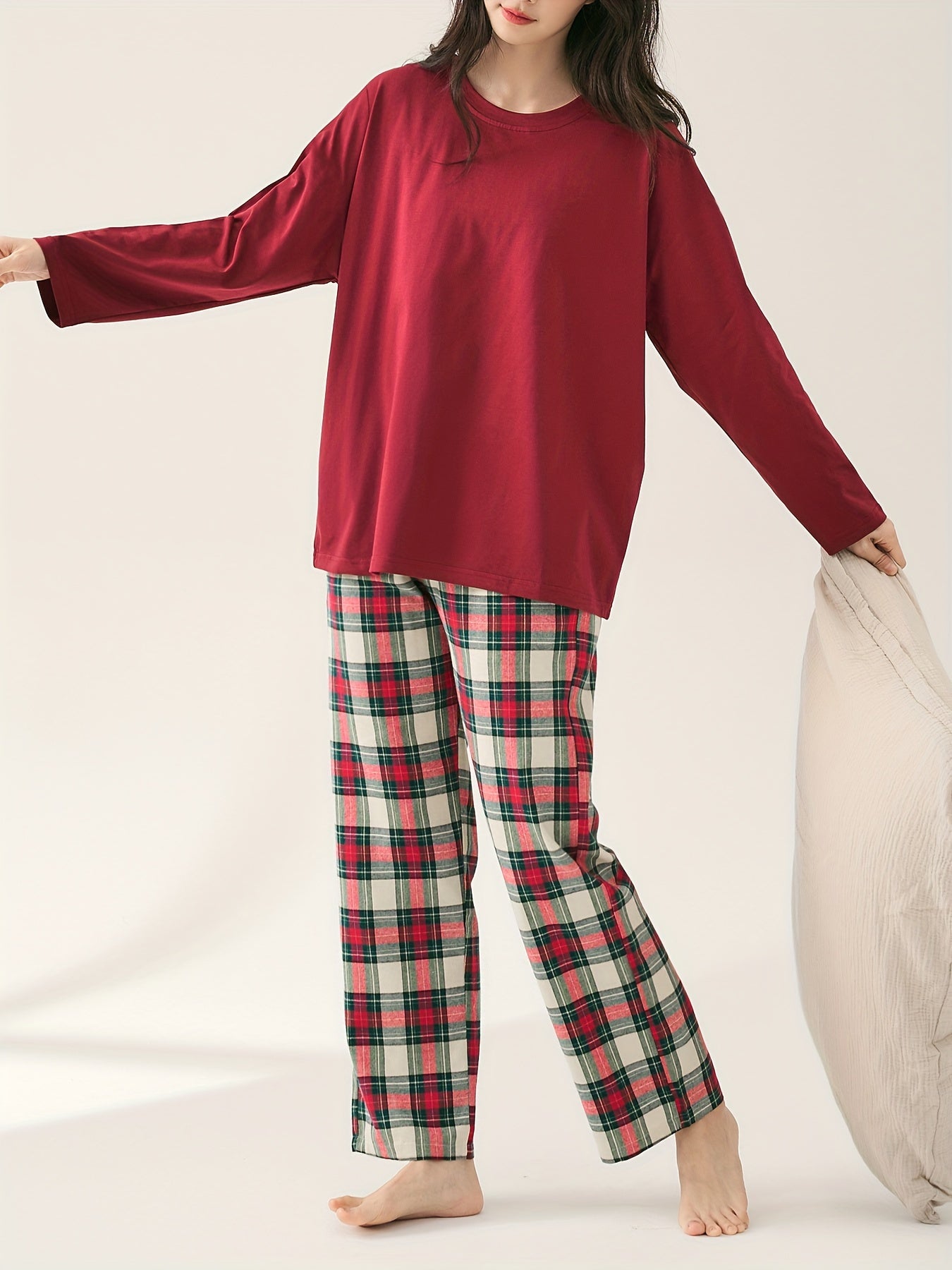 Plaid Print Pajama Set Long Sleeve Top & Plaid Pants