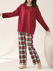 Plaid Print Pajama Set Long Sleeve Top & Plaid Pants