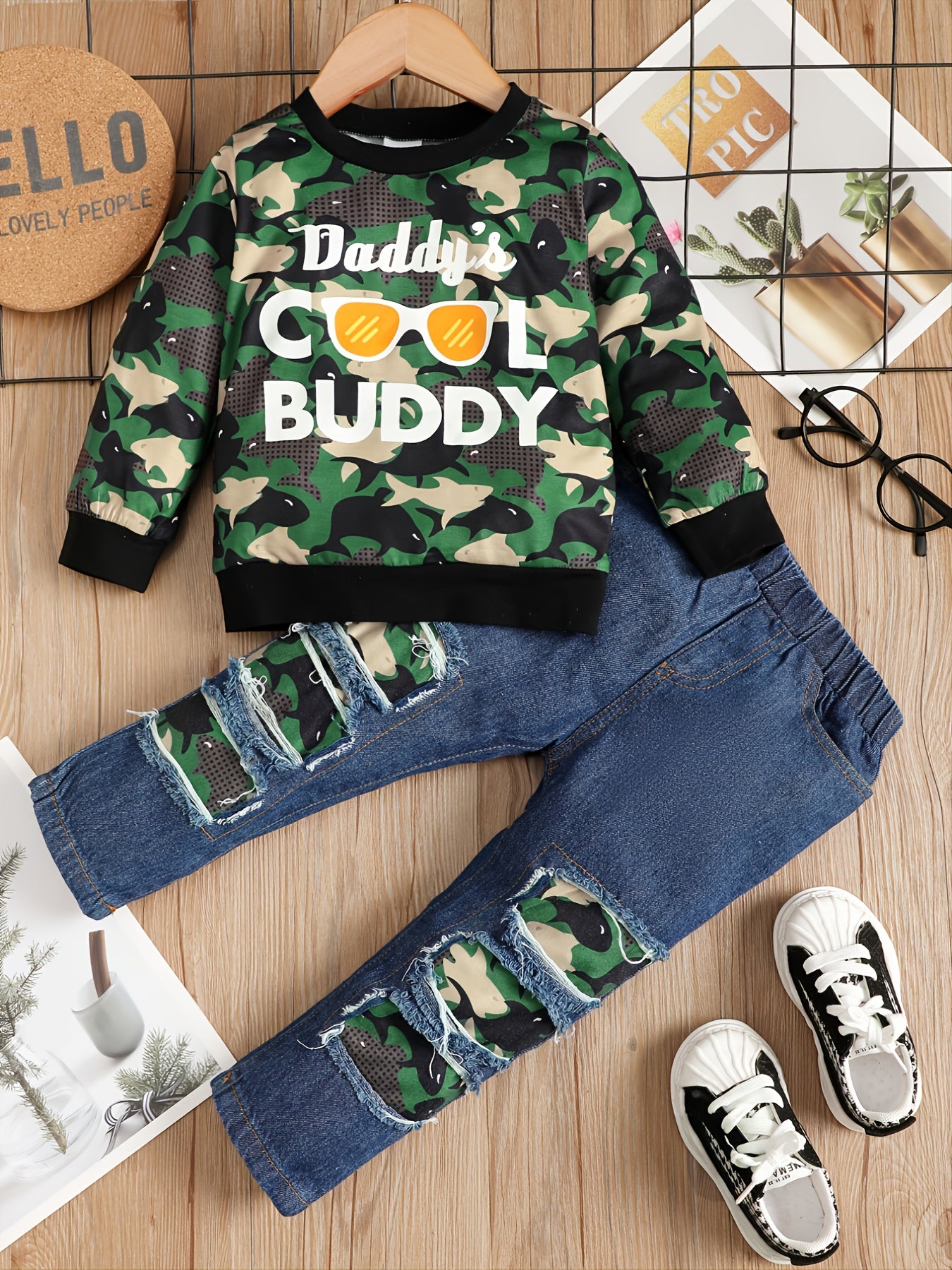Boys Daddy's BUDDY Print Camouflage Long Sleeve Sweatshirt & Ripped Jeans Set
