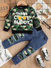Boys Daddy's BUDDY Print Camouflage Long Sleeve Sweatshirt & Ripped Jeans Set