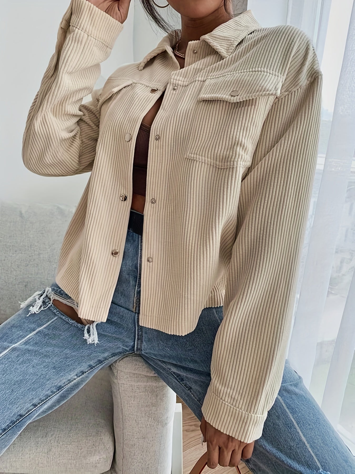 Solid Button Front Jacket Casual Long Sleeve Collared Outerwear